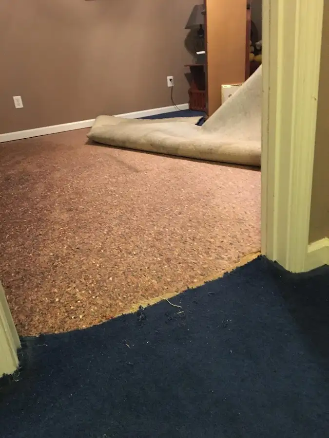 Carpet pad removal revealing water damage during Water Mitigation Services in Eagle